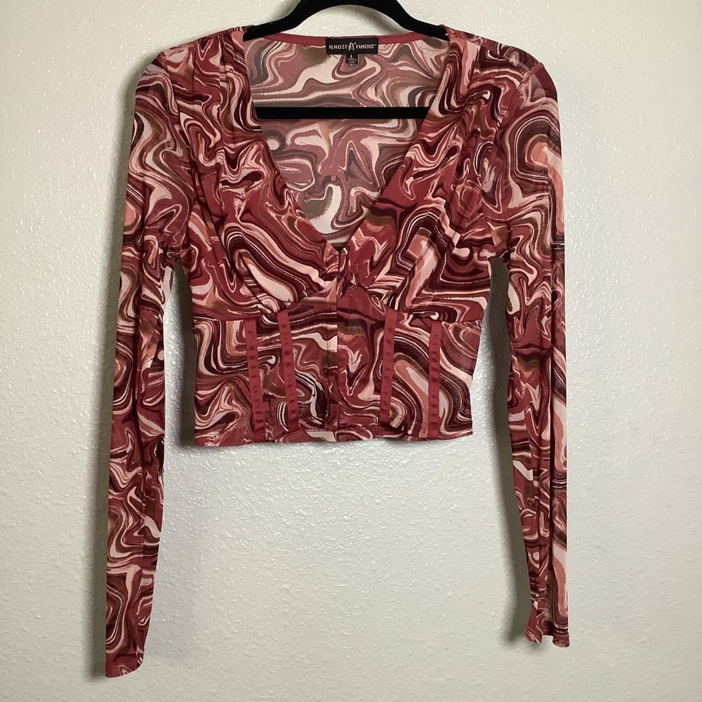 Almost Famous Red Brown Abstract Artsy Mesh Festival Summer Corset Long Sleeve L